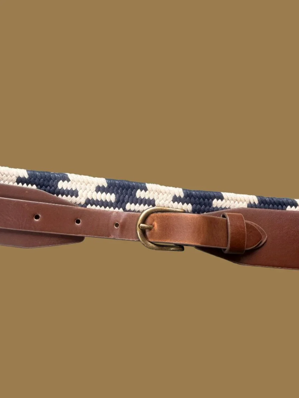 J.Crew Navy Cream Woven Stretch Belt Leather Tab Brass Buckle - Picture 3 of 4
